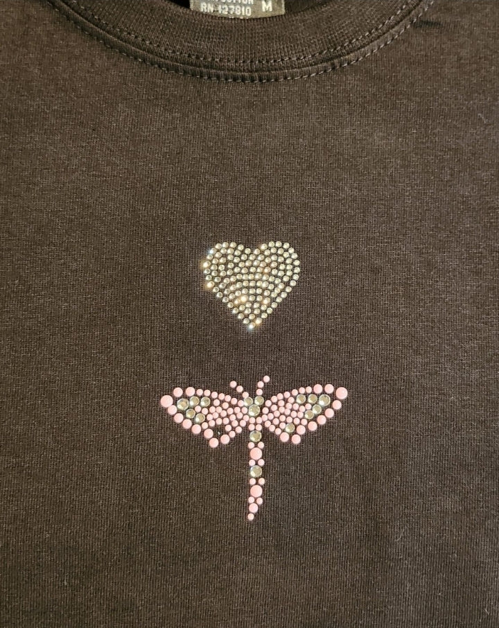 Silver Rhinestone Heart with Silver an Pink Rhinestone Dragon Fly T-Shirt