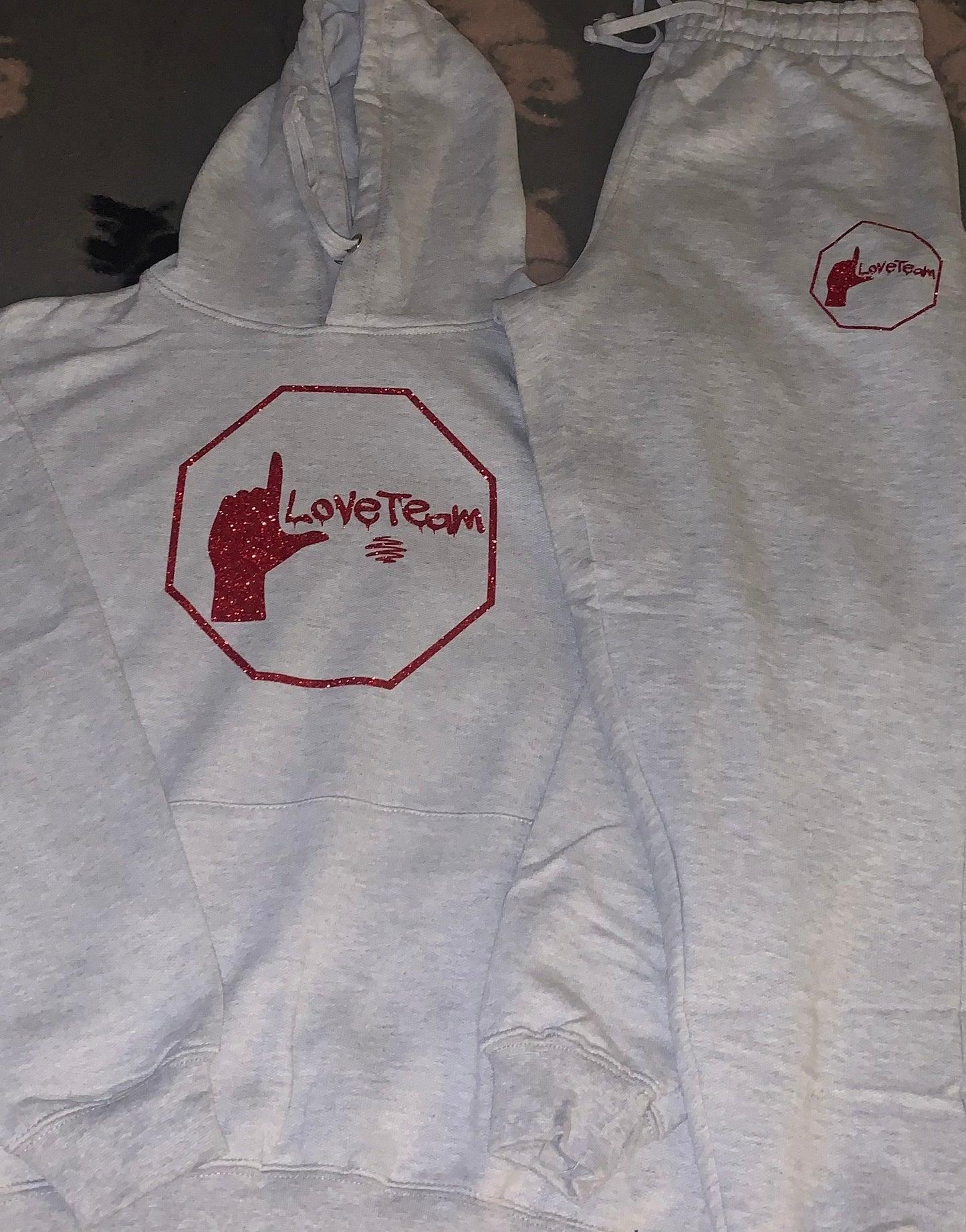 Gray Love Team Sweatsuit With Red Love Team Logo